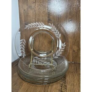Set of 6 Clear Glass Salad/Luncheon/ Dessert Plates 8" Diameter Etched Leaves